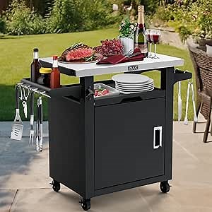 Nuuk Grill Table with Storage Cabinet, Outdoor Bar Cart Pizza Oven Table with Wheels, Stainless Steel Top Kitchen Island 20" x 30" Rolling Prep Station for Indoor, BBQ, Deck, Backyard