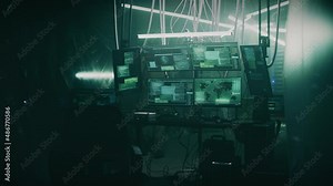 Police tactical unit with guns checking computers and desk in dark room during mission. SWAT search of the hacker base after a massive cyber attack