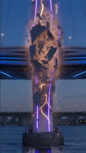 Abstract bridge pillar exploding into water. #buildingcollapse #cinematicscene #engineering #crane