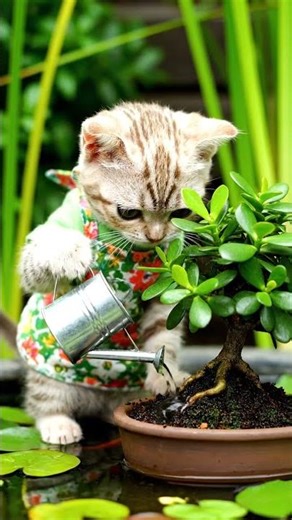 A Singapura Cat is Gardening with a jade bonsai with glossy leaves