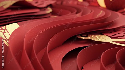 Curving Red Paper Shapes Abstract - A closeup showcases curving and layered red paper shapes, some with gold accents.