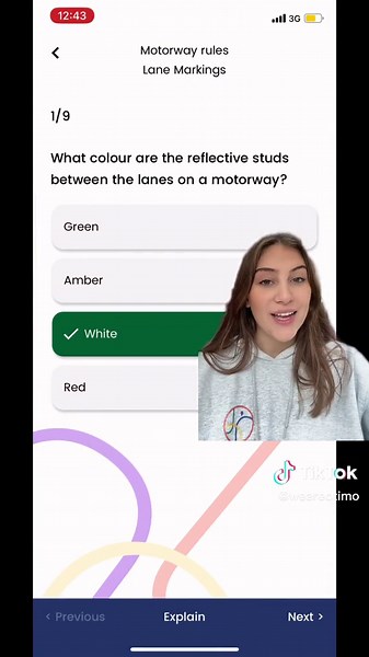 Theory Test Kit App Demo: What Color Are Reflective Studs on Motorway Lanes?