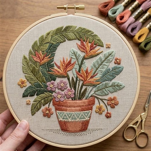Tropical Floral Pot Embroidery Pattern, Bird of Paradise Hand Stitch Design (digital Download) - Etsy