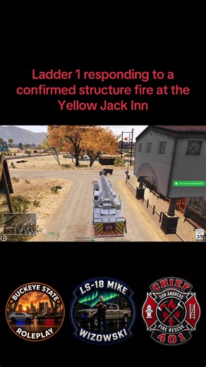 Ladder 1 responding to a confirmed structure fire at the Yellow Jack Inn. Buckeye State Roleplay #fivem #gta6 #rp #firefighters #fire