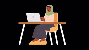 Muslim woman working from home cartoon animation. Workspace female hijab remote employee 4K video motion graphic. Telework headscarf girl 2D color animated character isolated on transparent background