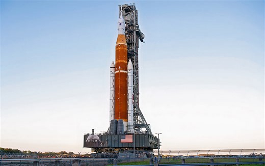 NASA’s Massive Space Launch System (SLS) Rocket Gets Rolled Out to the Launch Pad for the first Time