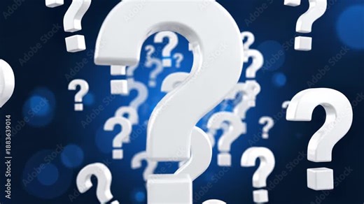 White question marks float dynamically against a blue background, creating a visual flow of inquiry and curiosity, transitioning through varying sizes and depths in a seamless motion
