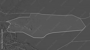 Al Jawf, governorate with its capital, zoomed and extruded on the bilevel map of Yemen in the conformal Stereographic projection. Animation 3D