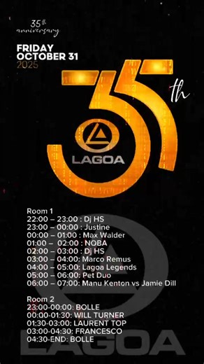 🎉 LAGOA 35 YEARS – ANNIVERSARY EDITION 🎉 FRIDAY 31 OCTOBER 2 ROOMS • TECHNO & HOUSE • ALL NIGHT A legendary celebration of 35 years of nightlife history. From 22:00 till sunrise — two rooms, two styles, one iconic night. | Lagoa official