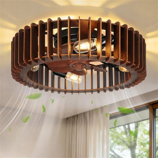 Check The Home Depot's Q&A Before Buying: BISEYHUX 20 in. Indoor Wood Flush Mount Caged Ceiling Fan with Lights and Remote, Dark Walnut Low Profile Ceiling Fan for Bedroom