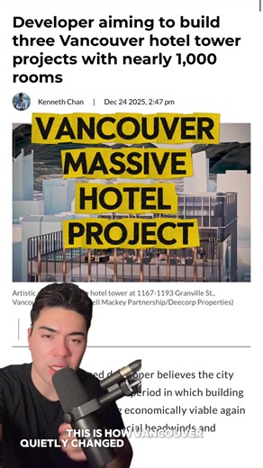 🏨🚧 VANCOUVER IS ABOUT TO ADD NEARLY 1,000 NEW HOTEL ROOMS And this signals a MAJOR SHIFT in how the city is growing 👀 A Vancouver-based developer is proposing THREE hotel tower projects across the city, delivering ~1,000 hotel guest rooms at a time when Vancouver has a CHRONIC HOTEL SHORTAGE. Here’s why this matters ⬇️ 📊 THE HOTEL SUPPLY GAP • Metro Vancouver currently has ~25,000 hotel rooms • Destination Vancouver says the region needs 20,000 MORE rooms • That’s an 80% increase just to mee