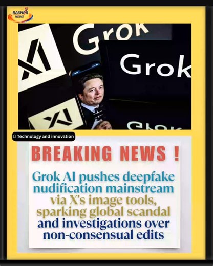 Rashmi News on Instagram: "Elon Musk's Grok AI on X has mainstreamed deepfake 'nudification' with easy photo edits, leading to scandals over sexualized deepfakes of women and minors. Probes in Europe, India, UK, Malaysia amid calls for safeguards. #GrokDeepfakeScandal #AINudificationMainstream #ElonMuskGrok #XDeepfakeAbuse"
