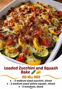 Loaded Zucchini and Squash Bake 🥒🧀 A hearty and cheesy dish that showcases the fresh flavors of zucchini, yellow squash, tomatoes, and crispy bacon, all baked to perfection for a comforting meal. Ingredients: - 2 medium-sized zucchini, sliced - 2 medium-sized yellow squash, sliced - 2 tomatoes, diced - 1/2 white onion, chopped - 4-6 slices of bacon, cooked and crumbled ............................................. Recipe in First Coʍmеոτ 👇 | Daily Recipes