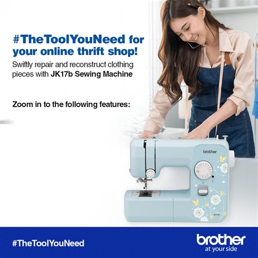 Get extra creative on your online thrift shop business with Brother’s affordable and easy-to-use JK17b Sewing Machine. With its multiple functions, you can repair and recreate clothes effortlessly for your trendy buyers. For more information, you can visit following links: Shop Brother Sewing Machines https://www.brother.com.ph/en/contents/seweasywithlove Join the Viber Community https://bit.ly/BrotherShopatHomeViber | Brother Philippines