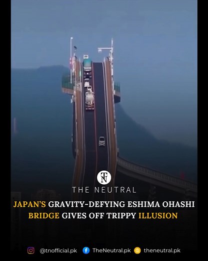 At first sight, the Eshima Ohashi Bridge appears almost impossible to drive on, rising at such a steep angle that it seems to defy gravity. This remarkable structure, one of Japan’s greatest engineering achievements, connects the cities of Matsue and Sakaiminato across Lake Nakaumi. DM FOR CREDITS/REMOVAL NO COPYRIGHT INFRINGEMENT IS INTENDED #theneutral #Japan #EshimaOhashiBridge #EngineeringMarvel #Travel #Architecture #Innovation #Tourism #JapanWonders #LakeNakaumi | TheNeutral.pk