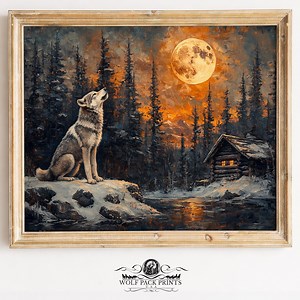 Moody Winter Timber Wolf Pup Printable - Rustic Wolf and Full Moon, Dramatic Landscape Art, Snowy Forest Digital Download 378 - Etsy