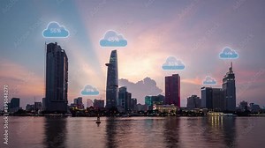 Modern smart city time lapse day to night with animation of energy consumption percentage efficiency above skyscraper building home