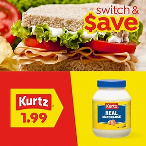 You will enjoy your sandwich even more knowing you saved $1.80 by switching to Kurtz mayonnaise, found exclusively at Save A Lot.​ Switch & Save at a store near you. ➡️ https://bit.ly/3cgNTIF | Save A Lot