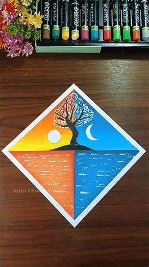 ✨ Easy tree scenery painting l day & night relexing drawing l Oil Pastel Art #shorts #art #ytshorts