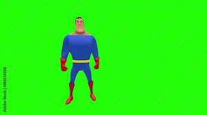 Happy cheerful animated superhero strongman cartoon character gestures to right side with arm multiple times in front of green screen background