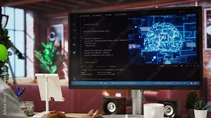 IT engineer drinking coffee, using computer at home for artificial intelligence computing. Close up of remote worker working with AI deep neural networks on desktop PC, camera A Stock Video