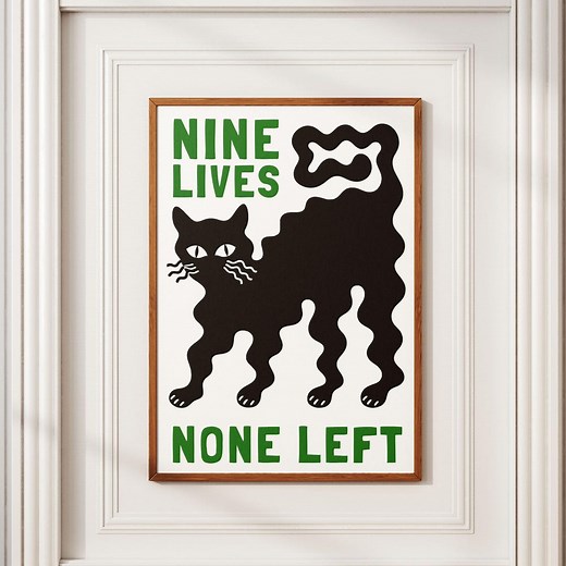 Nine Lives None Left Print, Retro Black Cat Illustration, Minimal Graphic Wall Art, Wavy Illustration, Modern Digital Poster - Etsy