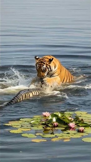 1 - “Tiger vs Crocodile: Savage Lake Battle!” #TigerVsCrocodile #WildlifeShorts #animalfight