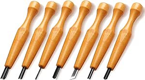 Lasnten 7 Pcs Wood Carving Tools Set Linoleum Hand Wood Knife Chisels Flat V-shaped Half Round Angled Gouge Carving Kit for DIY Linocut Printmaking Woodblock