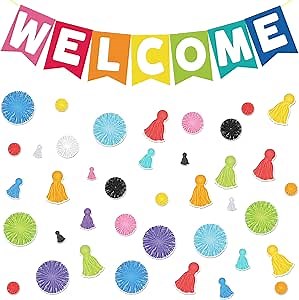 67 Pcs Welcome Banner Welcome Bulletin Board Set Bright and Colorful Welcome Banners Tassel Poms Cutouts for Classroom Bulletin Board Wall Decorations Teacher Classroom Party Supplies