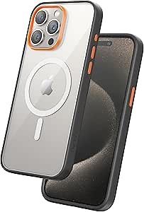 FLOLAB Surtect Tri-Fusion Magnetic for iPhone 15 Pro Phone Case Protective Slim Design Magsafe Compatible Military Grade Black Frame Clear - Orange Blaze