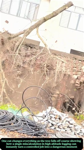 Aerial tree cutting goes wrong as the tree crashes into a house