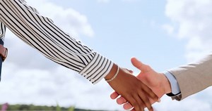 B2B, handshake or business people hands for marketing partnership, collaboration or company success deal. Teamwork, thank you or people shaking hands for support, goal or trust for creative strategy