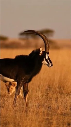 Sable Antelope Stands Its Ground Against Hungry Lioness! Epic Standoff in Golden Grasslands 🦁🦁