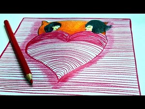 How to Draw a 3D Heart Optical Illusion with characters | Step-by-Step Art Tutorial