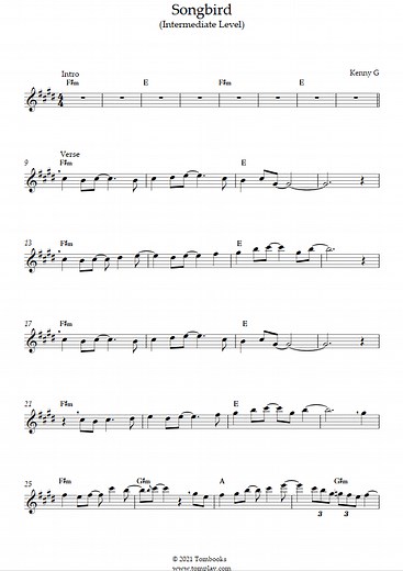 Songbird (Intermediate Level, Alto Sax) (Kenny G) - Saxophone Sheet Music