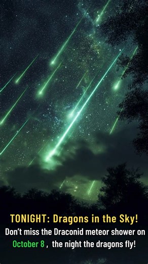 Draconid Meteor Shower Peaks Tonight! 🌠 Get ready for a magical night under the stars! The Draconid meteor shower will reach its peak tomorrow night, lighting up the sky with streaks of cosmic fire. Unlike most meteor showers, the Draconids are best seen just after sunset and during the evening hours, so you won’t even have to stay up late! At its peak, you might catch dozens of meteors per hour shooting across the sky, no telescope needed. Just find a dark spot away from city lights, let your