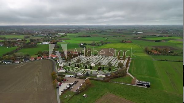 Drone view of Tyne Cot Cemetery near the historic First World War battlefields of Ypres in Flanders, filmed as a screenshot from short video footage.