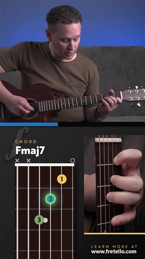 Heres how to play the Fmaj7 chord on guitar! Let us know how your chord is sounding in the comments! #fretello #learnguitar #fmaj7 #beginnerguitarlesson #guitarforbeginners #beginnerguitar