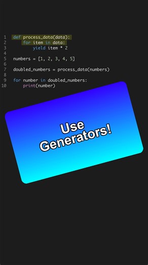 Boost your data processing efficiency with Python Generators! 🚀 Use less memory and process on-the-fly! --- Get the Python for AI course 6 projects at the link in bio. 🐍