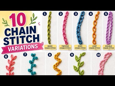 Learn 10 beautiful Chain Stitch Variations in this easy hand embroidery tutorial/art/diy