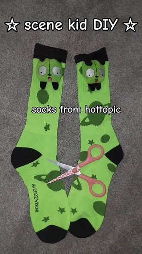 scene kid diy tutorial 💚 I found these cute Gir socks at hottopic! I wanted them as gloves so I cut the bottom of the sock off then cut a small hole for my thumb!! they came out very rawrlicious 🖤 #invaderzim #scenekid #invaderzimgir #scenetok #hottopic #scenecore #scenequeen #altgirl #scenefashion #emofashion #emo #scenemo @Hot Topic