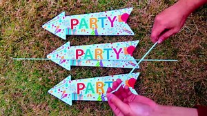Party Signs with Stakes, 16 Inches by 5 Inches - Double Sided Signs - Corrugated Plastic - Colorful Birthday Party This Way Sign with Arrow for Yard Outdoors. (3)