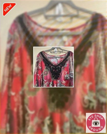 Dress Barn Red Black Floral Plus Top Tunic Blouse Shirt 3/4 Sleeve V-Neck 3X