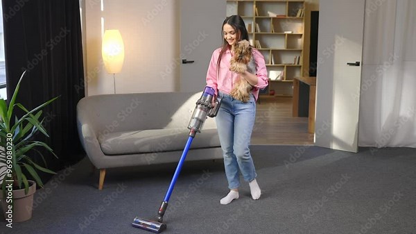 Woman with vacuum cleaner and dog in her hand vacuuming in the living room