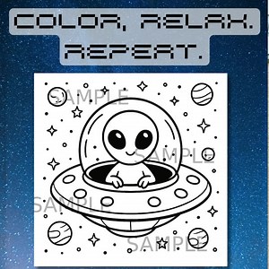 Alien UFO Coloring Page, Printable Space Sheet, Sci Fi Alien Art, Digital PNG Download, Kids and Adults Coloring Activity Instant Download