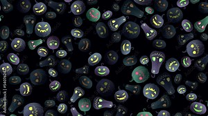 Flashing randomly stylized pumpkins of different colors with smiling faces on a dark background. Happy Halloween, holiday background