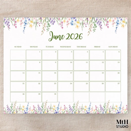 June 2026 Calendar Printable, Wildflower Monthly Planner, Floral Aesthetic Calendar, Monday & Sunday Start, Ready to Print Flower Planner - Etsy