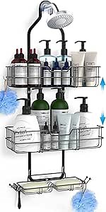 Hanging Over the Shower Head Caddy,Height Adjustable Rustproof Bathroom Organizer Shelf with Soap & Shampoo Holder, Black