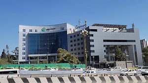 Distant View of ethio telecom and Safaricom office buildings side by side around Wollosefer bole, Addis Ababa, Ethiopia. 14 January, 2025.