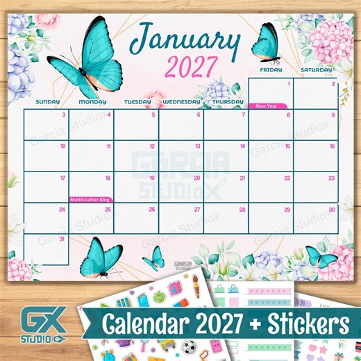January 2027 Calendar Printable With Holidays   Stickers | Cute Butterfly Floral Monthly Planner | Editable PDF Template Instant Download - Etsy